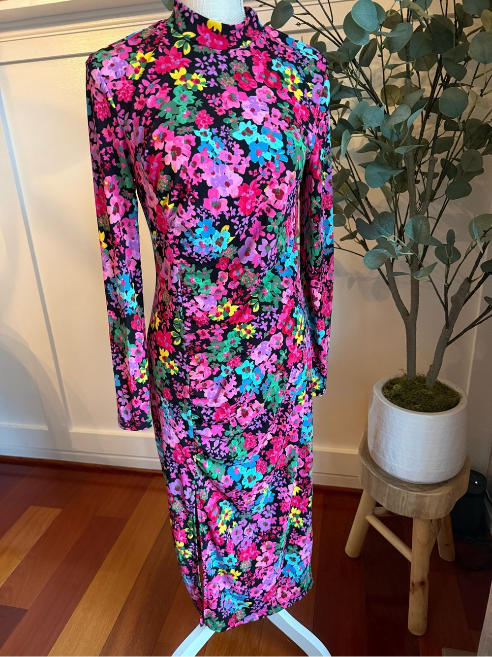 Future Collective Long Sleeve Ruched Pink Floral Midi Dress Mock Neck Size M